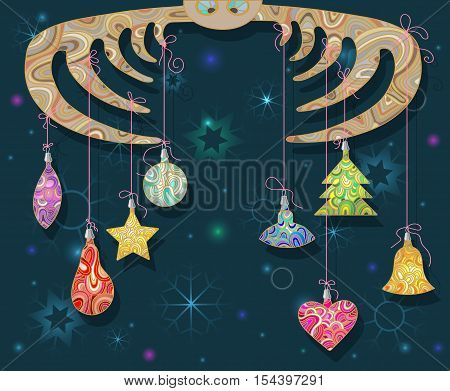 The background for the winter holidays with moose and Christmas decorations