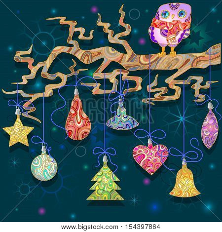 Background for new year holidays with an owl and Christmas decorations