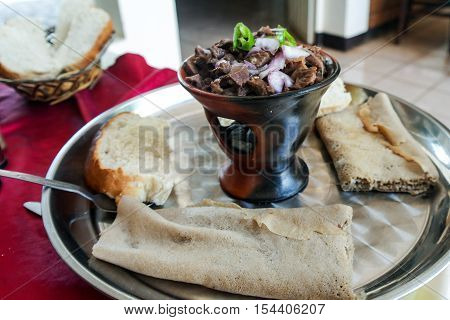 Traditional oromo and Ethiopian cuisine dish aka tibs Ethiopia