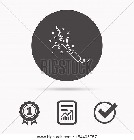 Shooting slapstick icon. Celebration sign. Report document, winner award and tick. Round circle button with icon. Vector