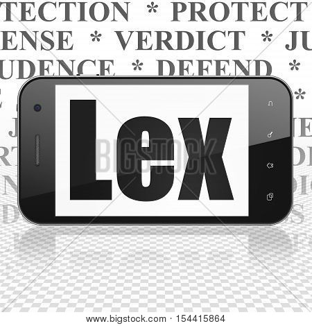 Law concept: Smartphone with  black text Lex on display,  Tag Cloud background, 3D rendering