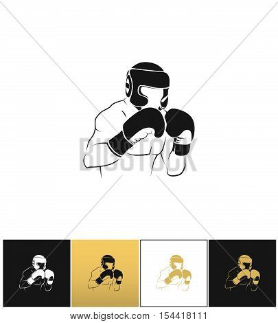 Boxer silhouette or boxing combat vector icon on black, white and gold backgrounds