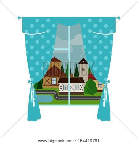 Cute blue window curtain with rainy city landscape. Vector illustration