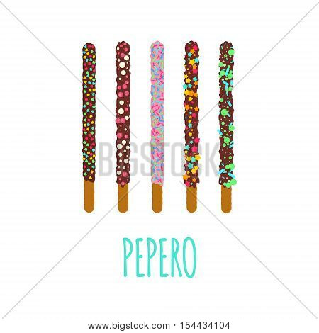 Pepero poster design template with South Korean chocolate sticks. Assorted biscuits covered with chocolate and festive sprinkles on white background. Food vector illustration.