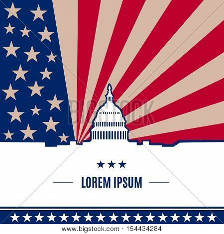 USA presidential election day concept with american flag on background in flat style. White house and Capitol building light silhouette with text place on it. Vector illustration