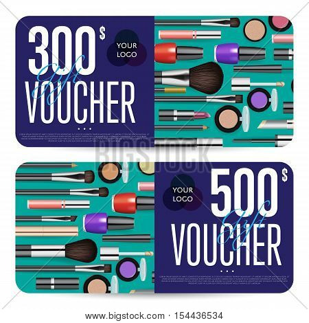 Cosmetic voucher template vector. Gift voucher layout or discount voucher. Special offer coupon or gift voucher. Cosmetic voucher layout. Fashion voucher. Cosmetics product sale voucher. Promo voucher. Design of voucher. Promo coupon or voucher. Voucher.