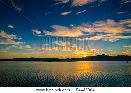 Sunset Scene Twilight On The Lake With Blue Sky And Clounds