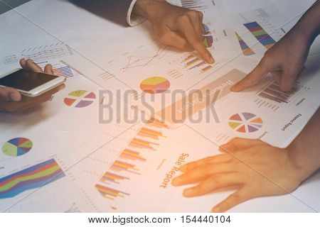 Business People Hands Working With A Smartphone And Meeting On White Table Background. Copy Space. V