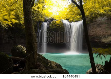 Amazing Beautiful Waterfalls In Autumn Forest At Haew Suwat Waterfall In Khao Yai National Park, Tha