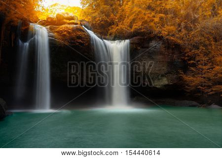 Amazing Beautiful Waterfalls In Autumn Forest At Haew Suwat Waterfall In Khao Yai National Park, Tha