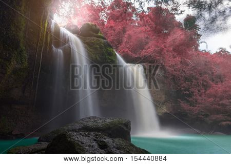 Amazing Beautiful Waterfalls In Autumn Forest At Haew Suwat Waterfall In Khao Yai National Park, Tha