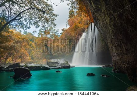 Amazing Beautiful Waterfalls In Autumn Forest At Haew Suwat Waterfall In Khao Yai National Park, Tha
