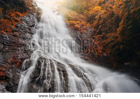 Amazing Beautiful Waterfalls In Autumn Forest At Sarika Waterfall In Nakhonnayok, Thailand.