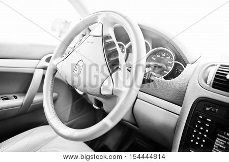 Hai, Ukraine - October 20, 2016: Porsche Cayenne Steeering Wheel