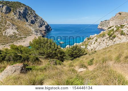 Coll Baix Beach. View from the high of the beautiful cliffed coast of Mallorca Spain.