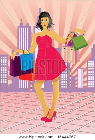 Vektori esimerkki kaupunkien ostokset tyttö värillinen ostoskasseja