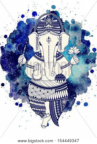 Ganesha, or Ganapati, Indian deity in the Hindu. On watercolor paint background. Vector illustration for design of prints, web, festive, Chaturthi invitations.