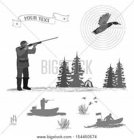 A man stands and shoots from a rifle. trees and tents. flying duck. A rubber boat ride men.
