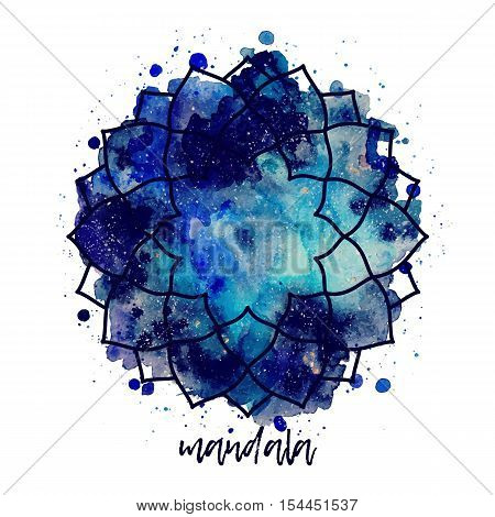 Geometric mandala flower frame. Watercolor texture and splash. Blue, purple, turquoise colors. Cosmic space texture. Vector illustration edited