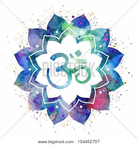 Om sign in lotus flower. Rainbow watercolor texture and splash. Vector isolated. Spiritual Buddhist, Hindu symbol