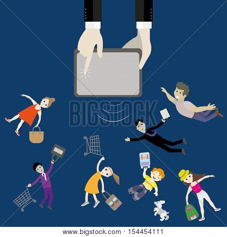 to the hand from the device fly buyers with baskets, office workers, young women, school-age child with a dog. Business dynamics concept