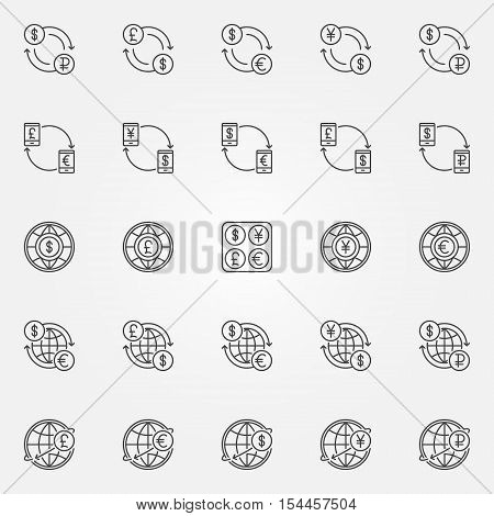 Currency exchange icons. Vector dollar, euro, ruble, pound and yen currency concept symbols in thin line style