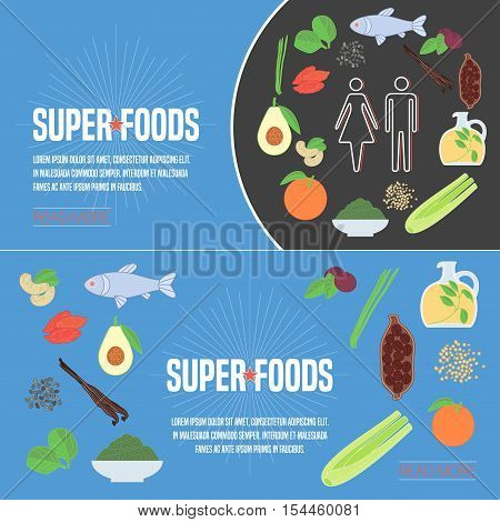 Set of superfoods products, berries, fruits in vector. Icons, design elements, internet banners with cocoo beans, goji berry, spirulina, spinach for super food vegetarian eating concept