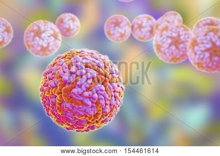 Zika virus, 3D illustration. A virus which causes Zika fever found in Brazil and other tropical countries