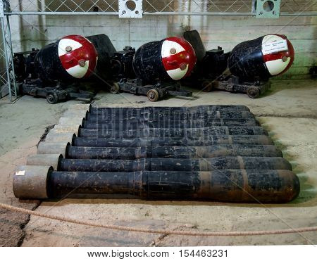 Balaklava, Russia - November 14, 2015: The exhibits of arms in the hall of the mine and torpedo an underground museum complex Balaklava Crimea