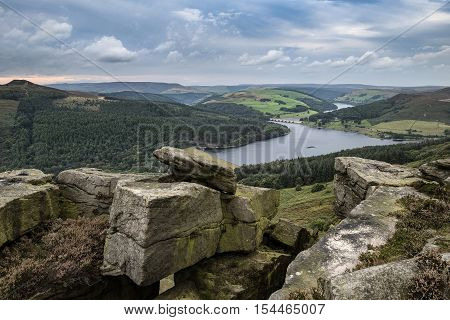 Landscape View From Bamford Edge In Peak District Towards Ladybower Reservoir And Win Hill.