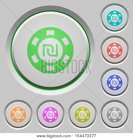 New Shekel casino chip color icons on sunk push buttons