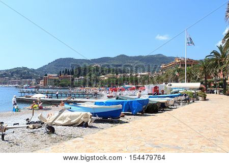 Santa Margherita Ligure, Italy - June 28, 2016: Promenade of Santa Margherita Ligure with boats. The port is used for both tourism and fishing activities.