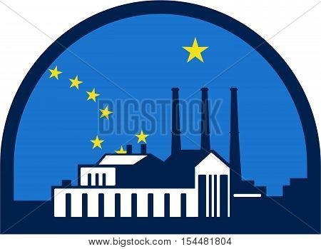 Illustration of a power plant set inside half circle with alaska flag in the background done in retro style.