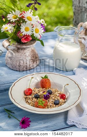 Fresh Fruit With Oat Flakes And Milk