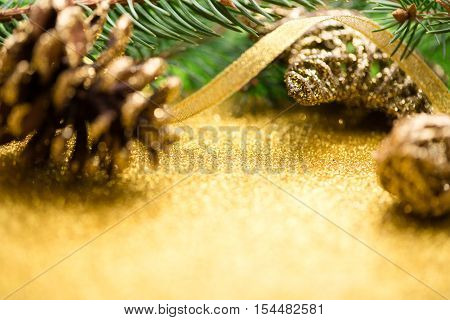 Christmas background. New year. 2017. tree, gold, cones, ornaments