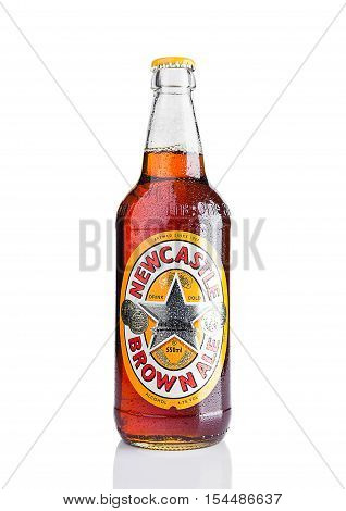 LONDON UK - NOVEMBER 01 2016: Cold bottle of Newcastle Brown Ale beer. Launched in 1927 by Colonel Jim Porter after the merger of Newcastle Breweries with Scottish Brewers.