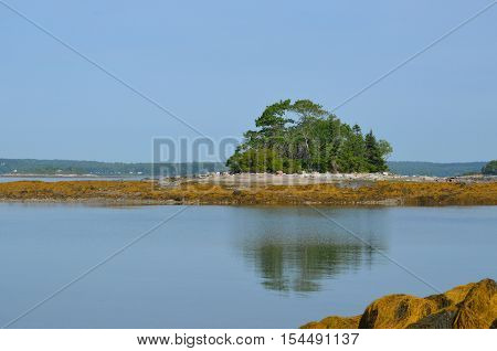 Reflectoins of Little French island in the water of Casco Bay Maine.