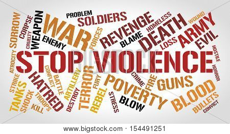 Stop violence word cloud concept. Gradient gray background.
