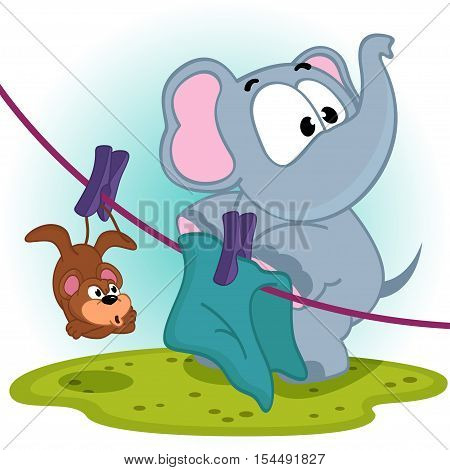 Elephant mistakenly  hung on clothespins mouse by the tail - vector illustration