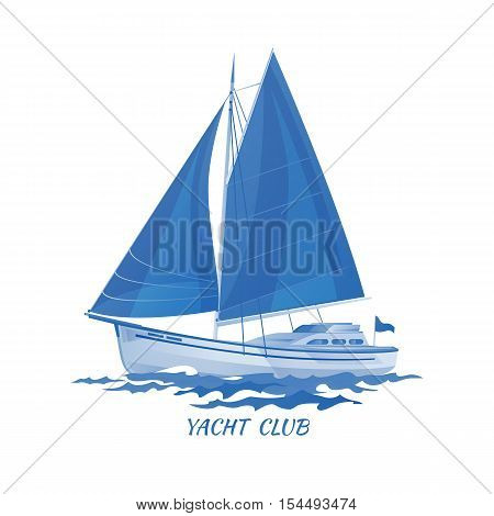 Sailing boat vector icon blue isolated with reflection. Sea yacht