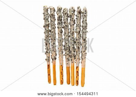 Pepero Chocolate stick cookie dessert  white background