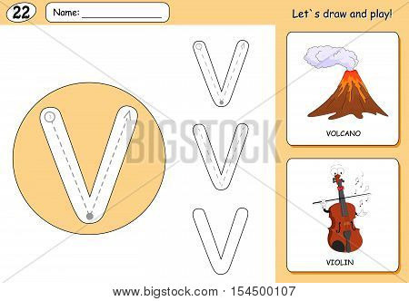 Cartoon Volcano And Violin. Alphabet Tracing Worksheet: Writing A-z And Educational Game For Kids