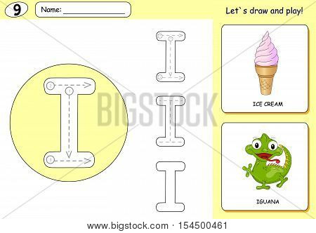 Cartoon Ice Cream And Iguana. Alphabet Tracing Worksheet: Writing A-z And Educational Game For Kids