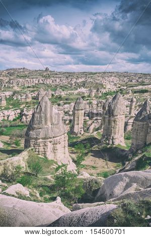 Famous Love valley in Cappadocia, Turkey, toned like Instagram filter