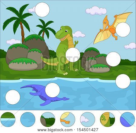 Funny Cute Pterodactyl, Pliosaur And Tyrannosaurus. Complete The Puzzle And Find The Missing Parts O