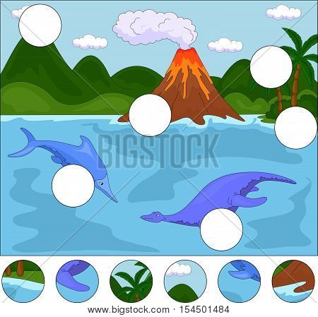 Funny Cute Ichthyosaurus And Pliosaurus On The Background Of A Prehistoric Nature. Complete The Puzz