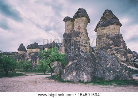 Famous mushroom valley in Cappadocia, Turkey, toned like Instagram filter