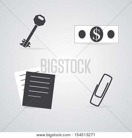 Commerce and Office Items Icons, sich as Dollar Bill, Key, Staple and Paper Sheets. Vector EPS 10