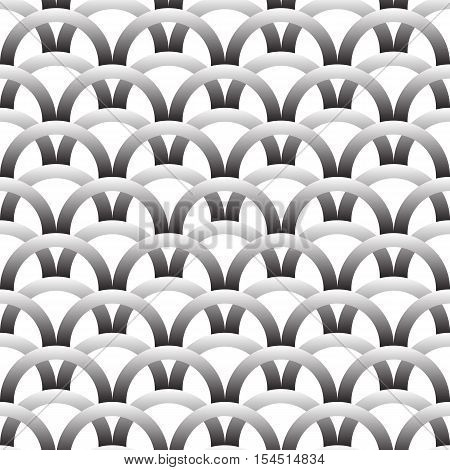 Seamless geometric vector pattern with shapes overlaping each other in rows. Black and white background. Minimalisic wallpaper.