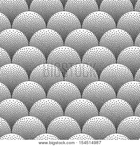 Seamless geometric vector pattern with shapes overlaping each other in rows. Black and white background. Minimalisic wallpaper.